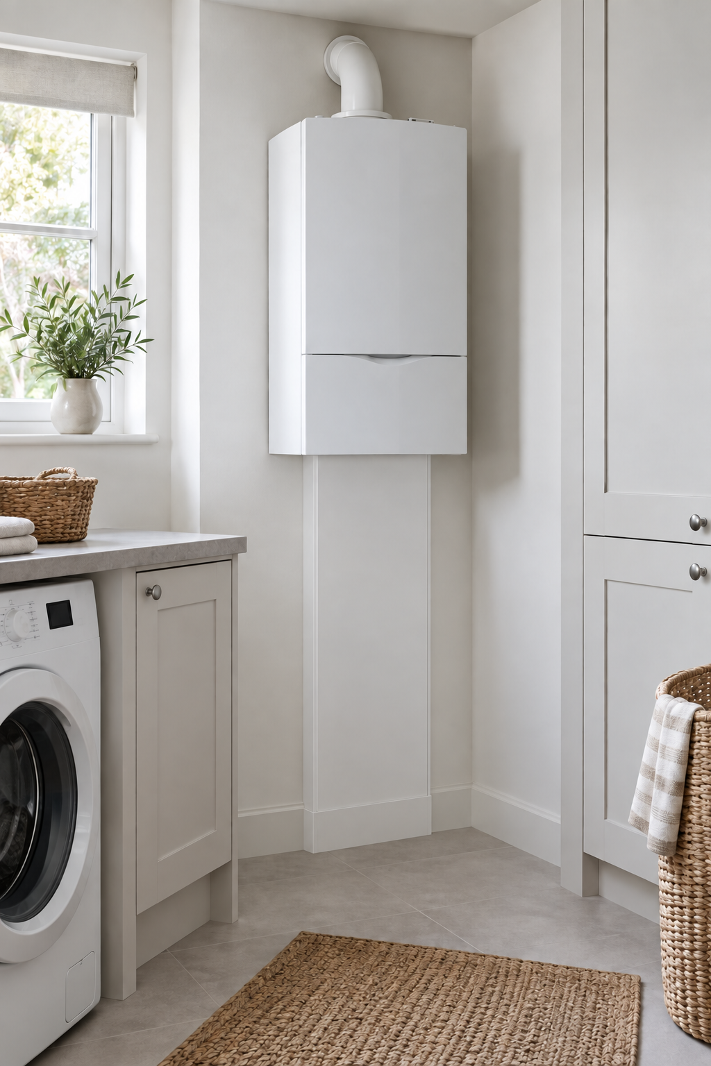 Illustrative modern domestic boiler in a light utility room